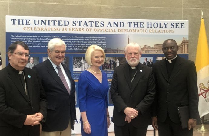 Archbishop Paul Gallagher and Vatican Ambassador Callista Gingrich in Washington. (Christopher White/Crux)