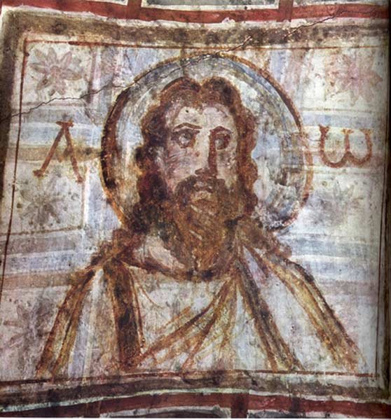 “Christ with Beard,” mural painting from the catacomb of Commodilla, Rome, 4th century, with Alpha and Omega signifying “I am the beginning and the end.”