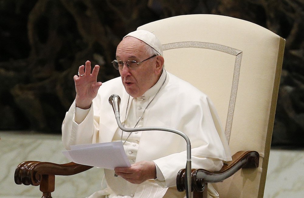 Pope Francis speaks during his general audience in Paul VI hall at the Vatican Jan. 9. (CNS photo/Paul Haring)