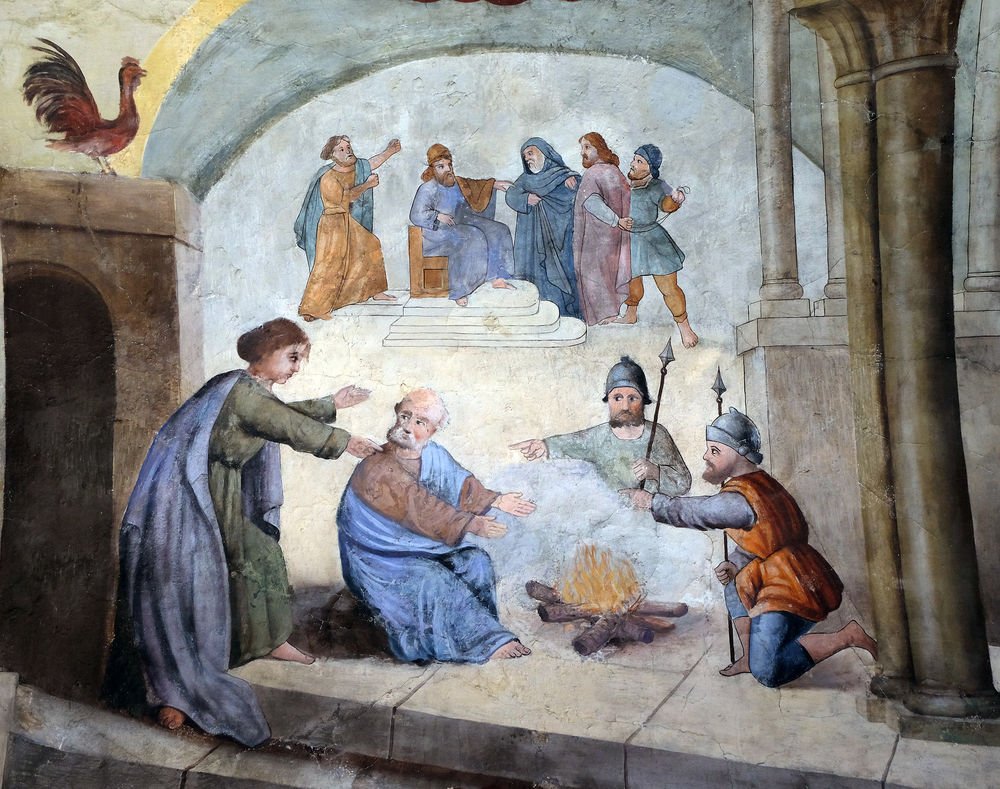 Peter denies Jesus before the rooster crows three times