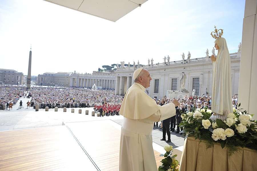 Pope Francis with a statue of Our Lady of Fatima at the Wednesday General Audience in St. Peter's Square