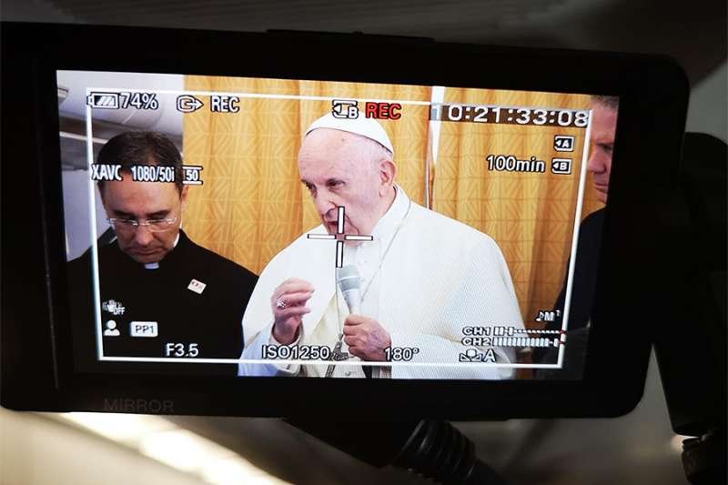 Pope Francis on the return flight from his trip to Geneva