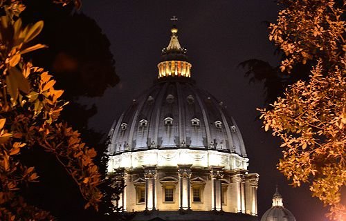 The dome of St. Peter's Basilica as seen from the Vatican Gardens at night. Credit: Daniel Ibanez/CNA.