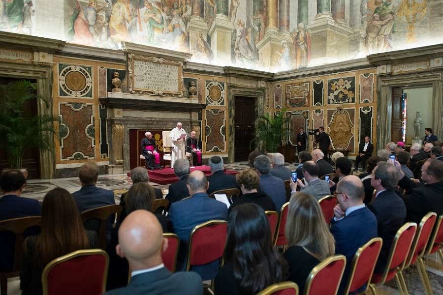 Pope Francis addresses participants in a conference of the Pontifical Academy for Social Sciences at the Vatican's Clementine Hall