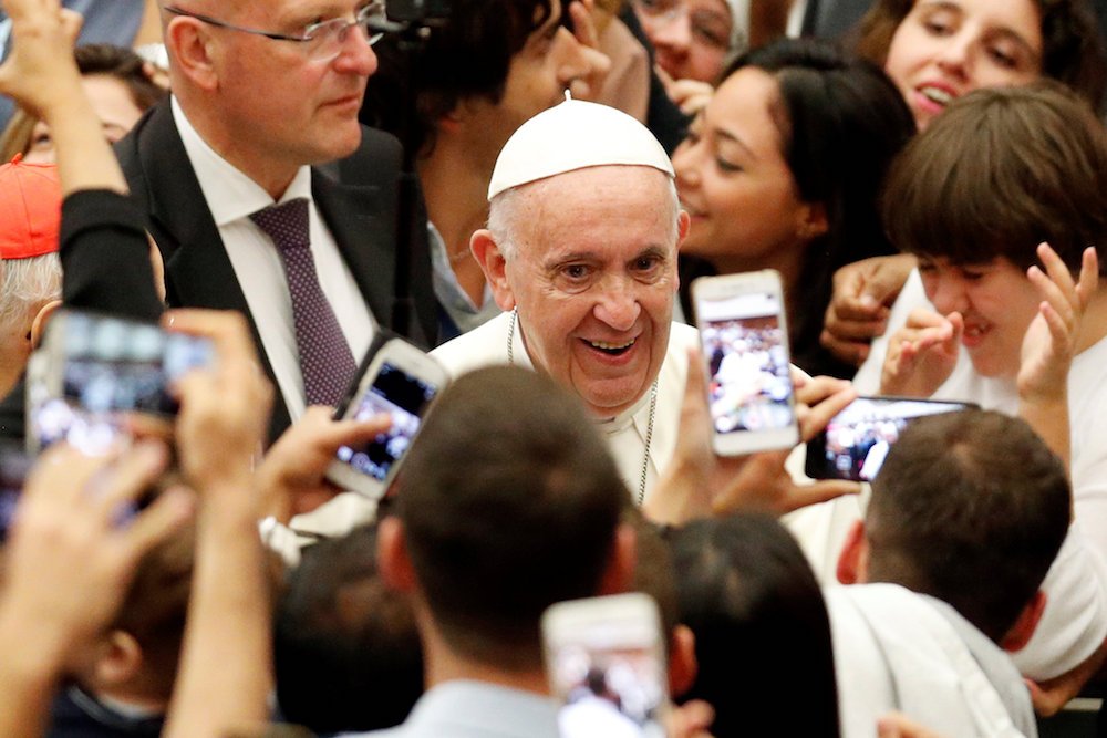Pope Francis arrives for a gathering with young people and members of the Synod of Bishops at the Vatican Oct. 6. (CNS photo/Alessandro Bianchi