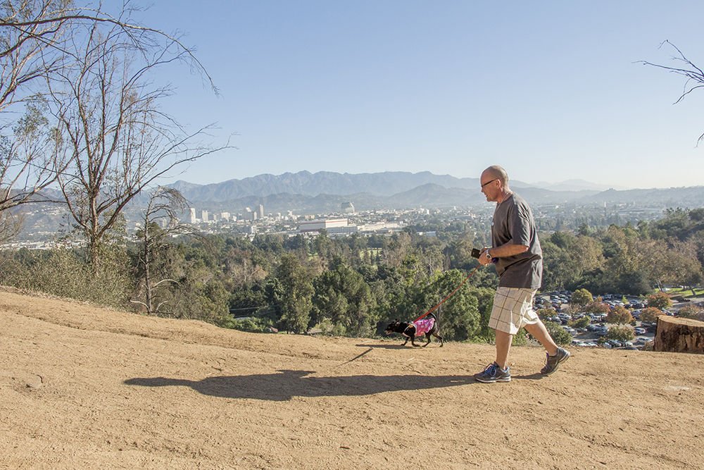 Miss Bella leads guardian Kevin Lewandowski on a hike in Griffith Park. (photo/Dima Otvertchenko)