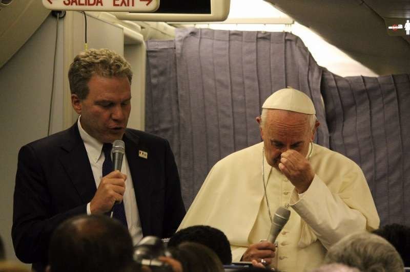 Pope Francis speaks aboard the papal plane from Lima