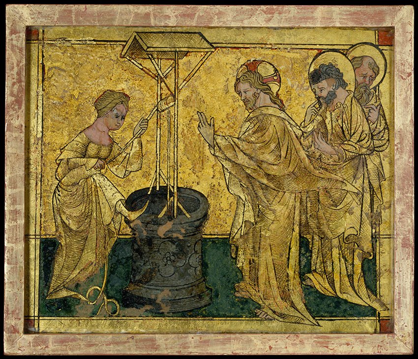 This early example of reverse glass painting may have been one of a series with scenes from the life of Jesus. The subject is a rarely depicted episode from the Gospel of John in which Jesus converses with a woman from Samaria. (Gift of J. Pierpont Morgan