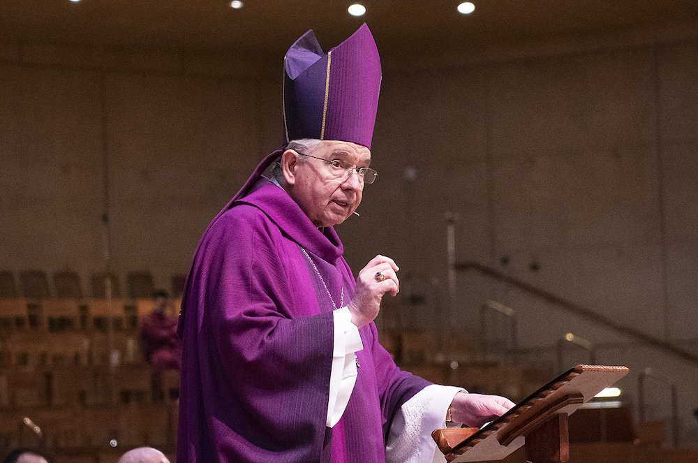 Archbishop José H. Gomez during Ash Wednesday Mass at the Cathedral of  Our Lady of the Angels on March 6. (VICTOR ALEMÁN)