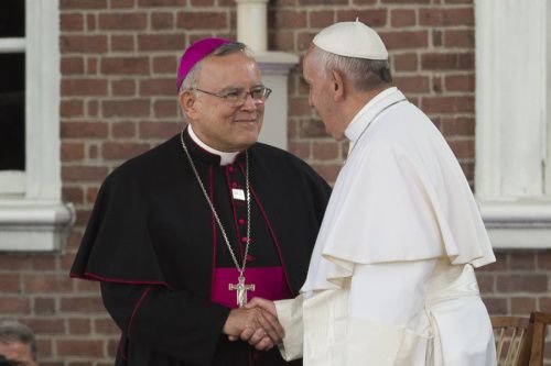 Archbishop Charles Chaput of Philadelphia greets Pope Francis at Independence Hall