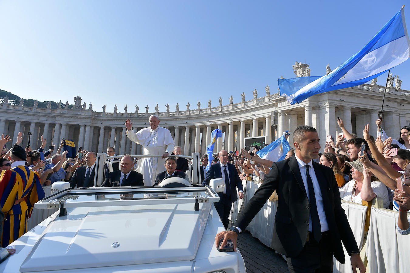 Pope Francis greets pilgrims as he arrives for his general audience in St. Peter's Square at the Vatican Sept. 18, 2019. The Catholic Church will endure, despite the frailty and sins of its members, because it is God's project, Pope Francis said during the audience. (CNS photo/Vatican Media)