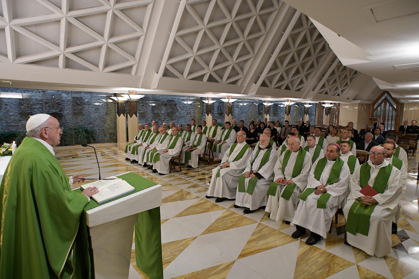Pope Francis celebrates Mass in the chapel of his Vatican residence, the Domus Sanctae Marthae, Sept. 19, 2019. In his homily, the pope spoke about ordained ministry as a gift from God, not a job. (CNS photo/Vatican Media)