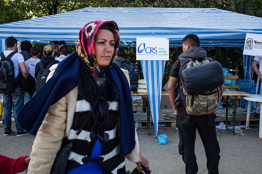 A CRS tent aiding refugees and migrants in Europe. Credit: Catholic Relief Services' Sean Callahan.