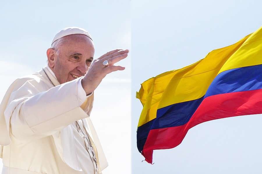 Pope Francis (Credit:Polifoto/Shutterstock) Colombia flag (Credit:J Stephen Conn /Flickr /CC BY NC 2.0)