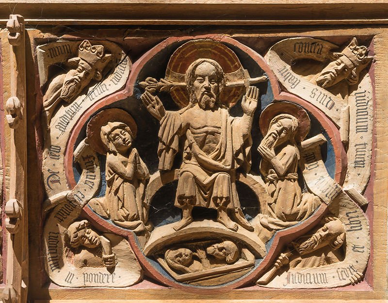 Detail of a gothic choir canon stall of the resurrection of Christ in Roskilde Cathedral