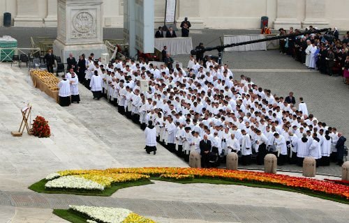 Clergy section at the April 27 Canonization Mass in St. Peter's Square. Credit: Stephen Driscoll/CNA.