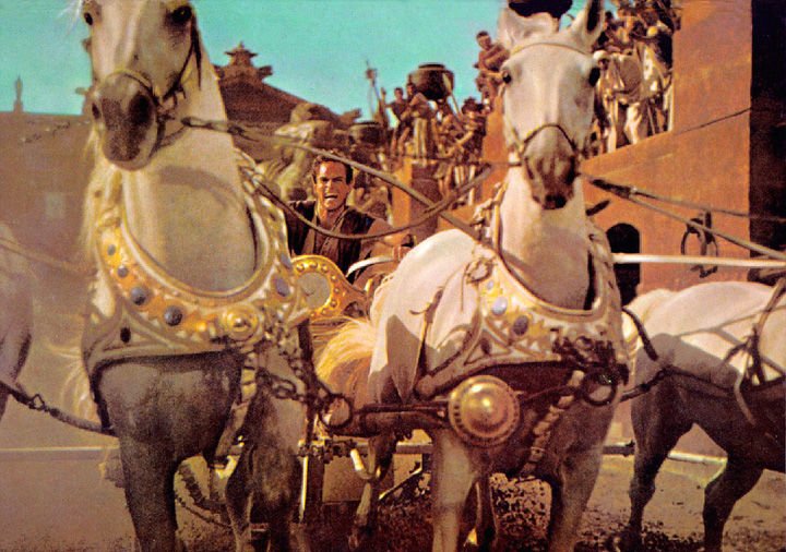 Charlton Heston as Judah Ben-Hur driving his own chariot in the 1959 film version of Ben-Hur directed by William Wyler.