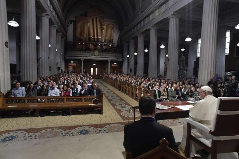 Pope Francis speaks to young married couples in Mary's Pro-Cathedral in Dublin Aug. 25