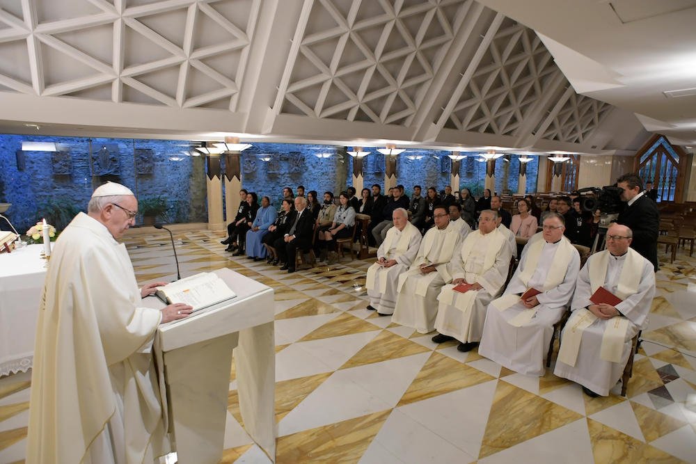 Pope Francis gives the homily as he celebrates morning Mass in the chapel of his residence