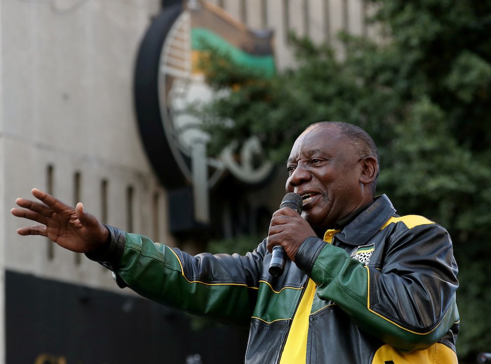 South African President Cyril Ramaphosa addresses supporters at a victory rally in Johannesburg May 12