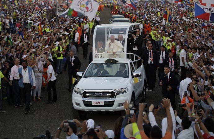 Pope Francis arrives for a vigil at Campo San Juan Pablo II in Panama City