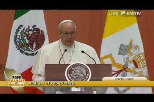 Pope Francis addresses diplomats and civil authorities in Mexico City Feb. 13. Credit: EWTN.
