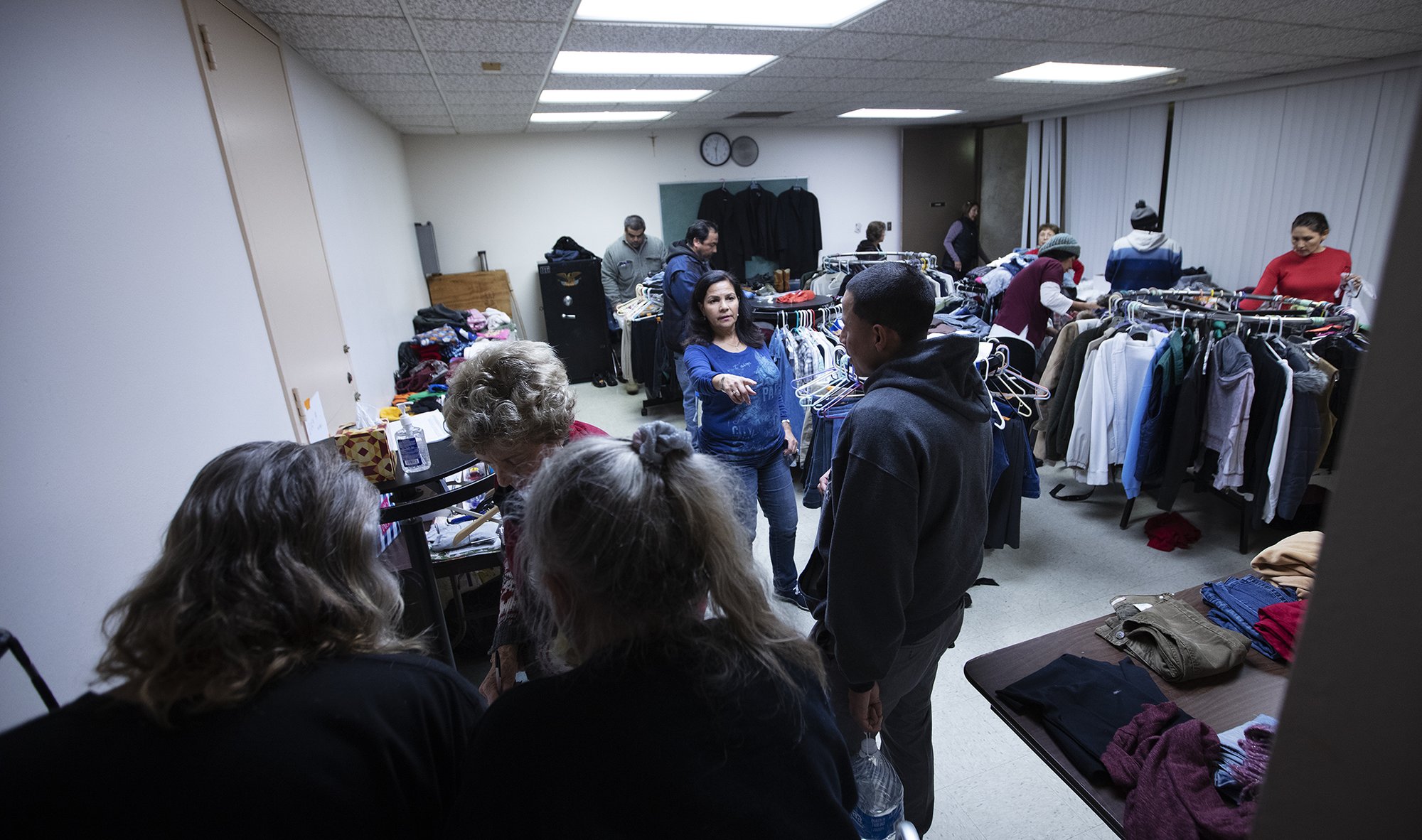 A boutique of clothes and accessories donated by parishioners is open every night. Guests can take two items from each category (shirt