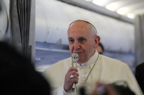 Pope Francis speaks to journalists on his way back from Strasbourg