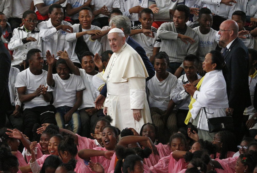 Pope Francis arrives to visit the Akamasoa "Community of Good Friends" in Antananarivo