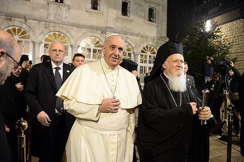 Pope Francis and Ecumenical Patriarch Bartholomew exit the Patriarchal Cathedral of St. George following the Doxology Nov. 30