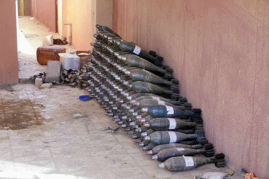 Mortars left by Islamic State fighters before a house in Qaraqosh
