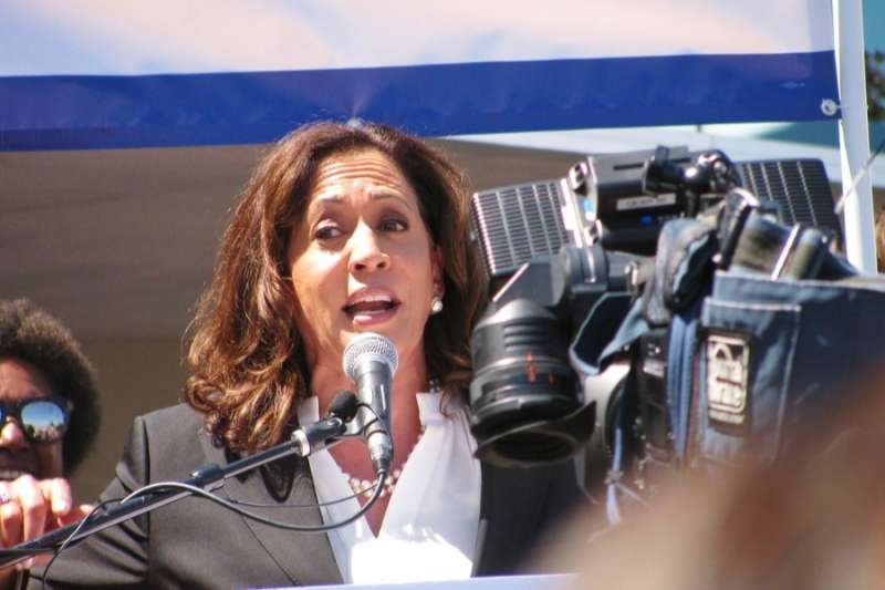 Senator Kamala Harris addresses the crowd at a rally in Toarrance