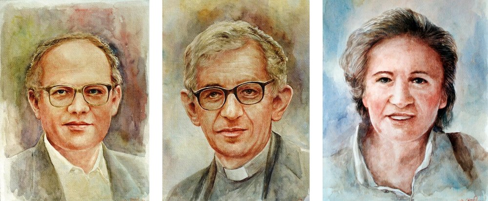 Xavier Missionary Fathers Ottorino Maule and Aldo Marchiol are pictured in a composite photo with lay volunteer Catina Gubert. An investigation into the sainthood cause of the three missionary martyrs killed in Burundi opened June 21