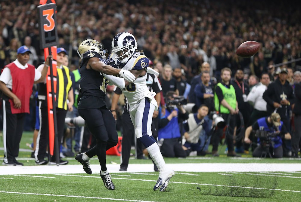 Los Angeles Rams defensive back Nickell Robey-Coleman breaks up a pass intended or New Orleans Saints wide receiver Tommylee Lewis during the fourth quarter of the NFC Championship game at Mercedes-Benz Superdome Jan. 20