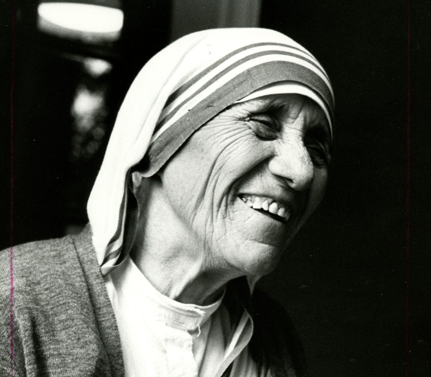 St. Teresa of Kolkata smiles during the opening of a Missionaries of Charity convent in Detroit in 1979. (CNS photo/Dwight Cendrowski)