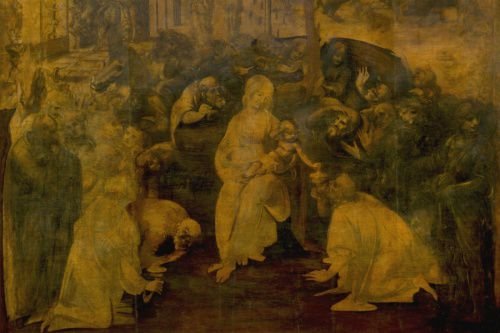 Adoration of the Magi by Leonardi da Vinci. Public domain.