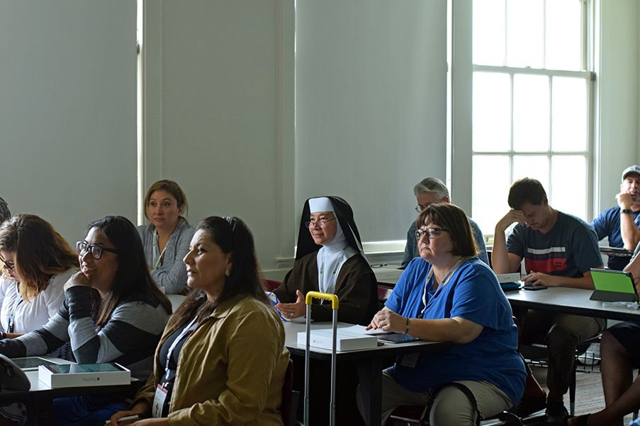 Attendees of the 2017 Catholic Communication Collaboration (C3) Technology Conference at Loyola Marymount University in Los Angeles await the start of one of dozens of workshops. Nearly 1