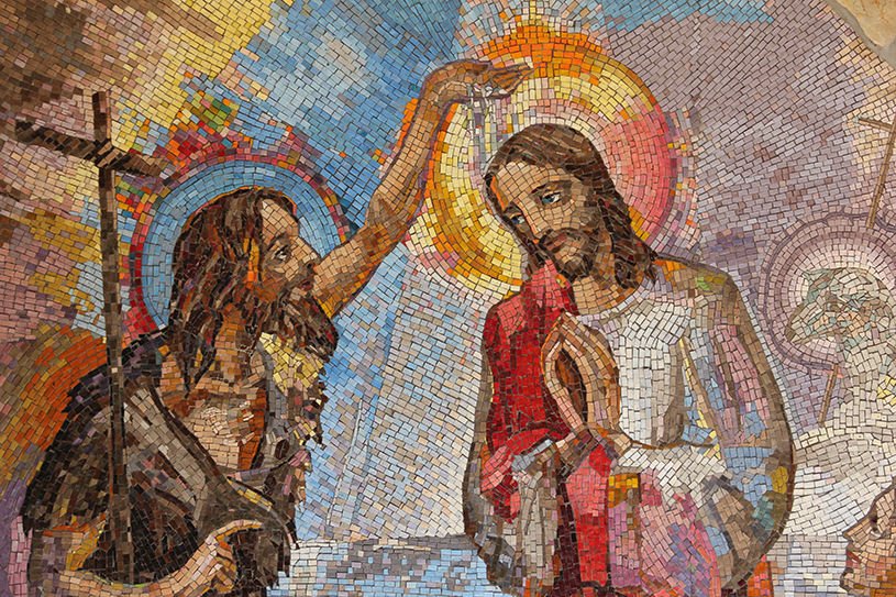 Mosaic of the baptism of Jesus Christ by St. John the Baptist in Medjugorje.