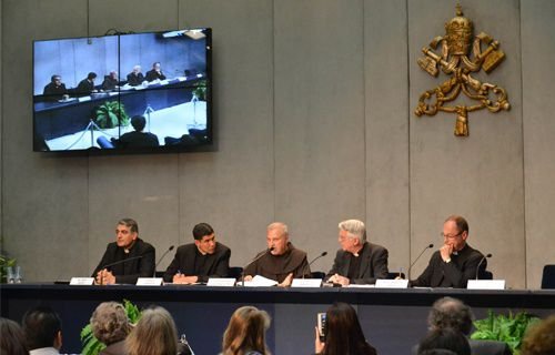 Monsignor Slawomir Oder and Father Giovangiuseppe Califano at the Holy See Press Office on APril 22