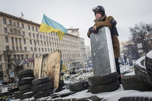 An anti-government protestor stands on top of a barricade on Grushevskogo Street Jan. 29