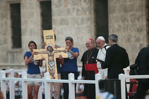Pope Francis greets participants in a youth meeting in Havana Sept. 20