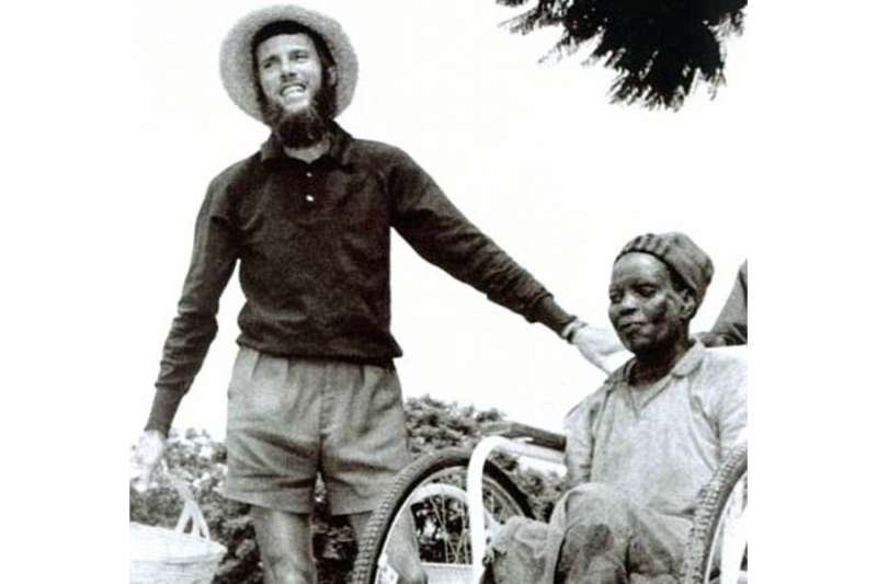 John Bradburne with Jeromia at the Mutemwa Leper Settlement. Photo courtesy of the John Bradburne Memorial Society.