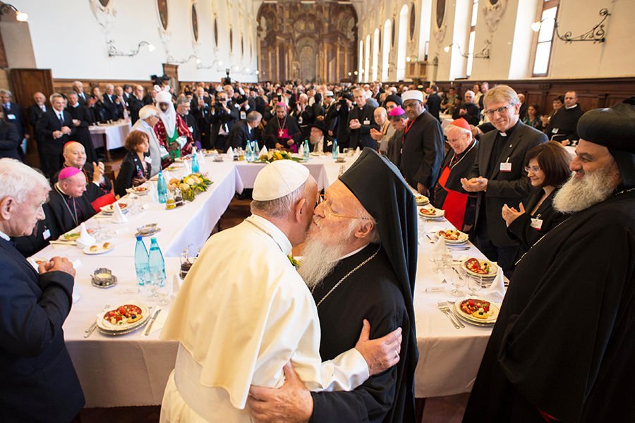 Pope Francis embraces Bartholomew