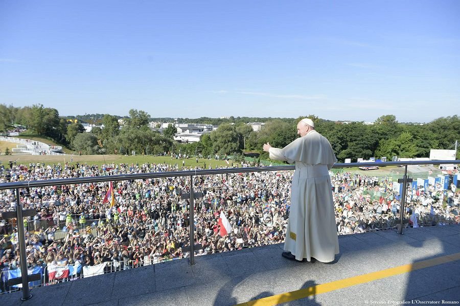 Pope Francis speaks to youth outside of Krakow's St. John Paul II Shrine