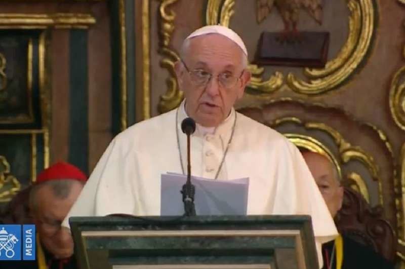Pope Francis addresses contemplative sisters in the Shrine of the Lord of Miracles in Lima