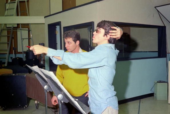 Producer and composer Van Dyke Parks and producer Lenny Waronker work in the studio on November 27