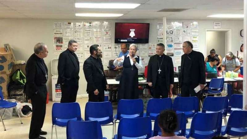 A delegation of US bishops visit Sister Norma Pimentel at the Catholic Charities Immigrant Respite Center in McAllen Texas