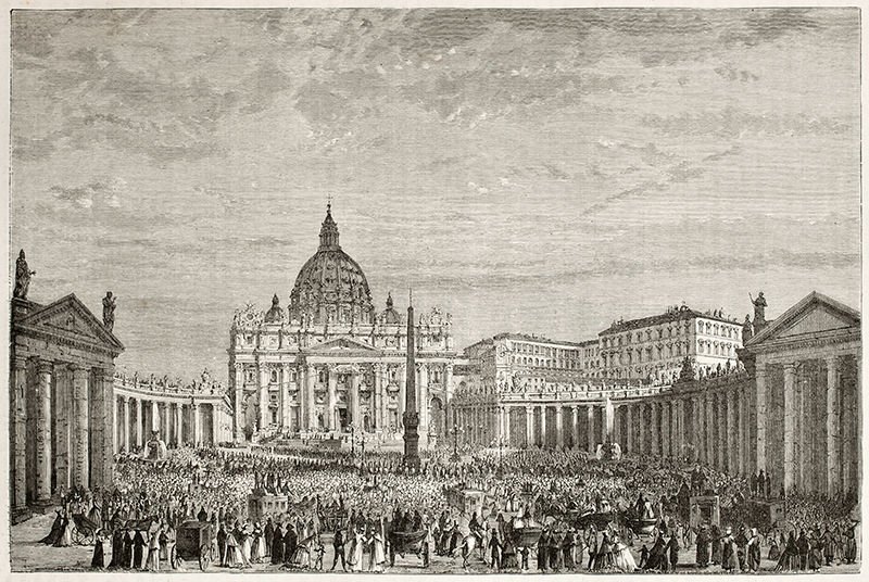 Papal Easter blessing in St. Peter’s Square at the Vatican. Created by Clerget after photo of unknown author