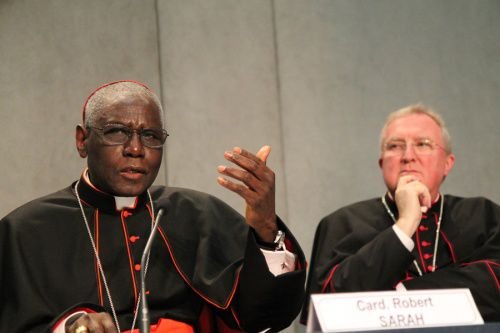 Cardinal Robert Sarah (L) during a press conference at the Vatican Press Office on Feb. 10
