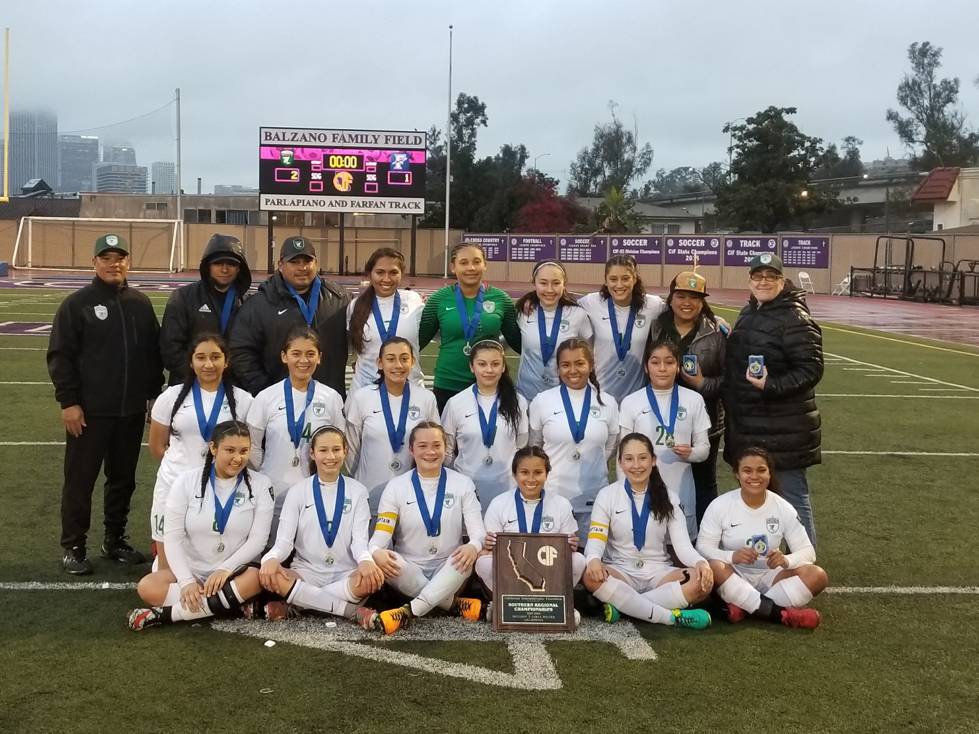 San Gabriel Mission High School's soccer team and coaches celebrate after winning the Southern California Regional Division 5 Soccer Championship March 9. (Credit: San Gabriel Mission High School)